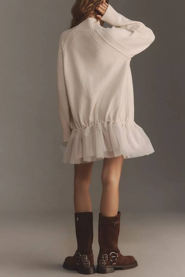 Knit Turtleneck Long Sleeve Tulle Hem Sweater Mini Dress