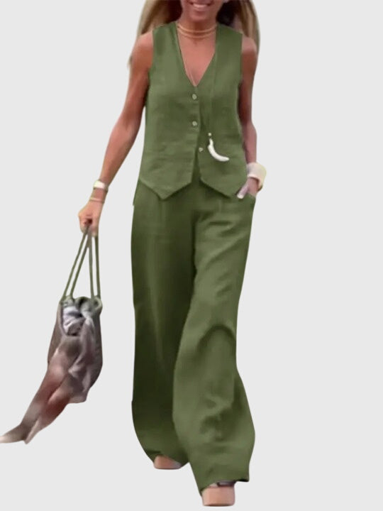 Sleeveless V-Neck Vest and Wide Leg Pants Two Piece Set
