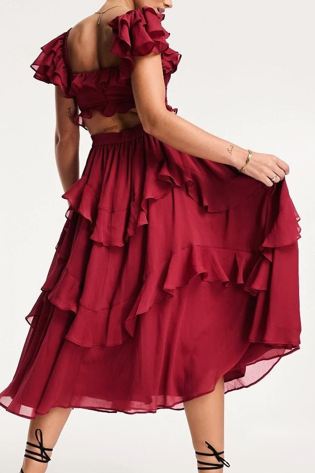 Chiffon Off Shoulder Corset Tiered Ruffle Midi Prom Dress