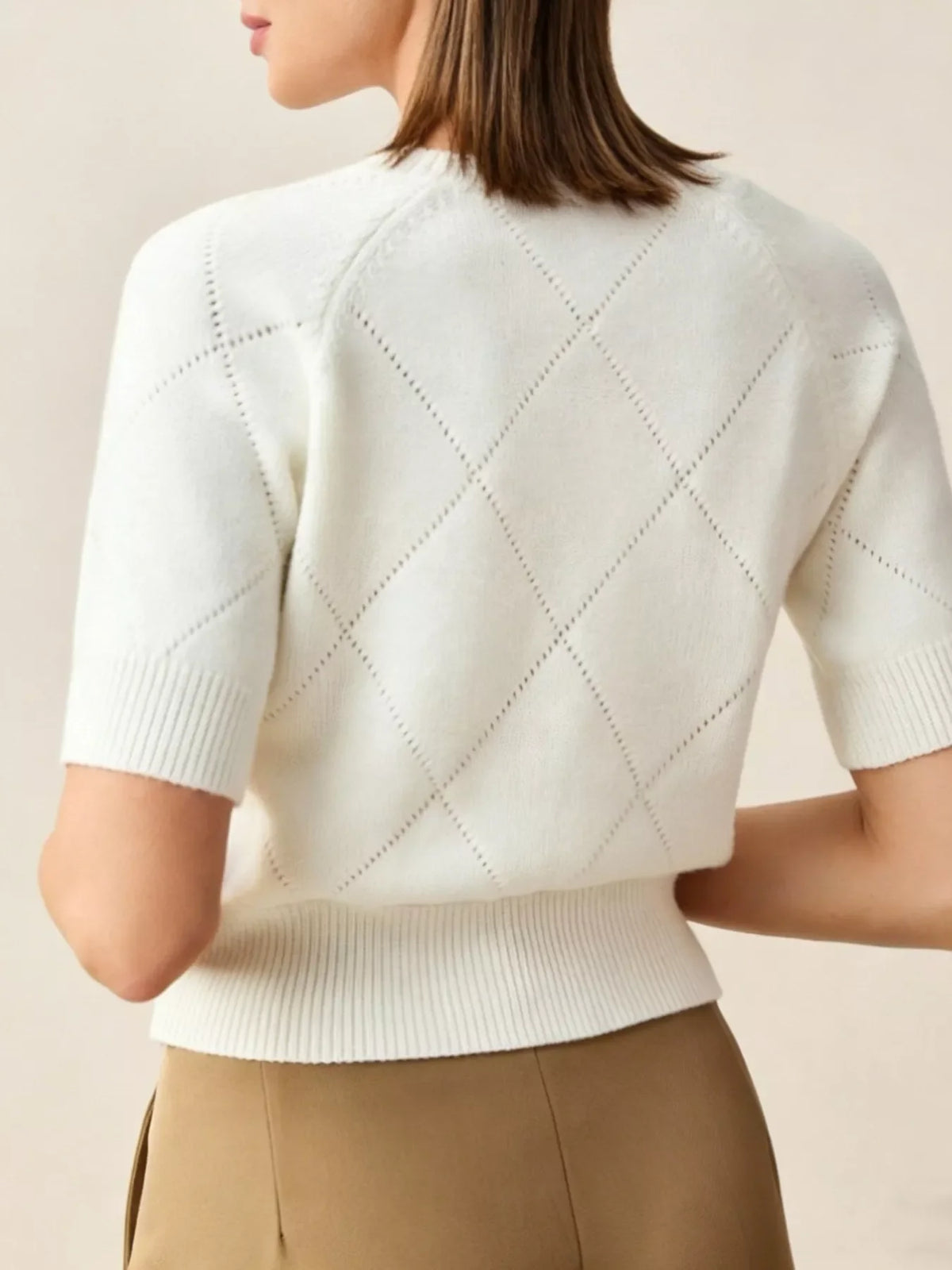 Crew Neck Short Sleeve Diamond Pointelle Knit Button Shoulder Sweater 4