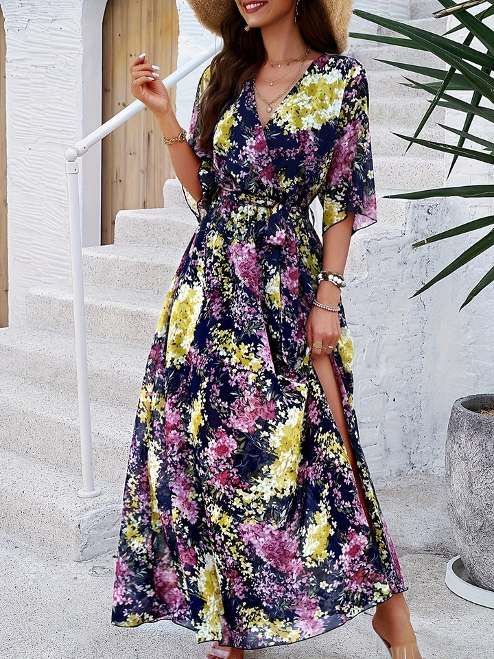 Floral Print V-Neck Short Sleeve Belted High Split Maxi Dress