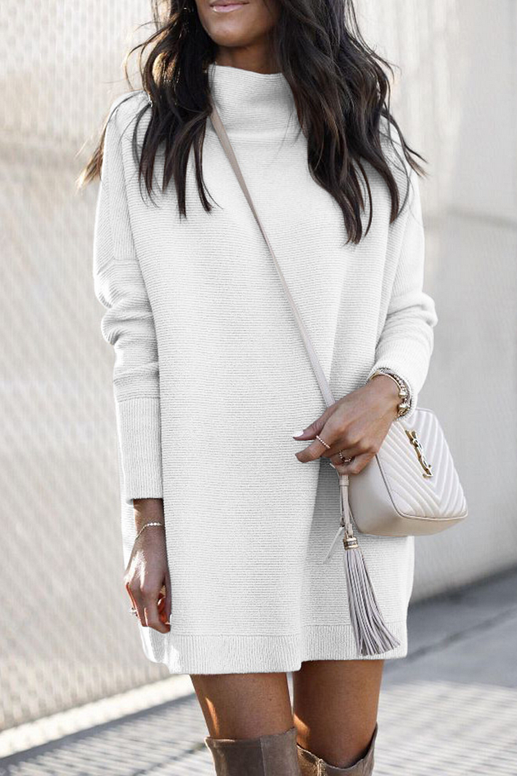Knit Mock Neck Drop Shoulder Rib Trim Oversized Mini Sweater Dress