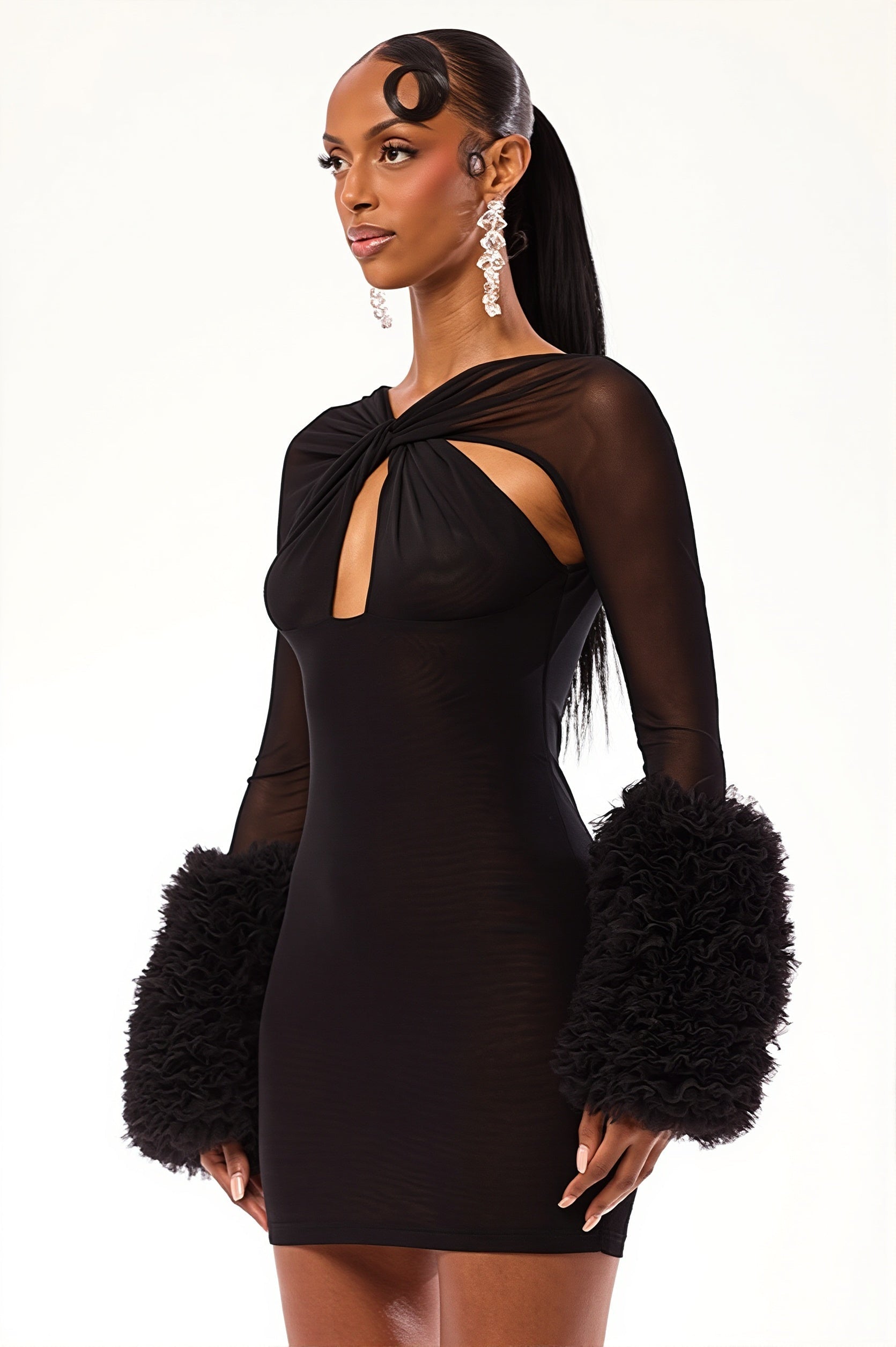 Tiered Sleeve Mesh Cutout Mini Dress - View 5