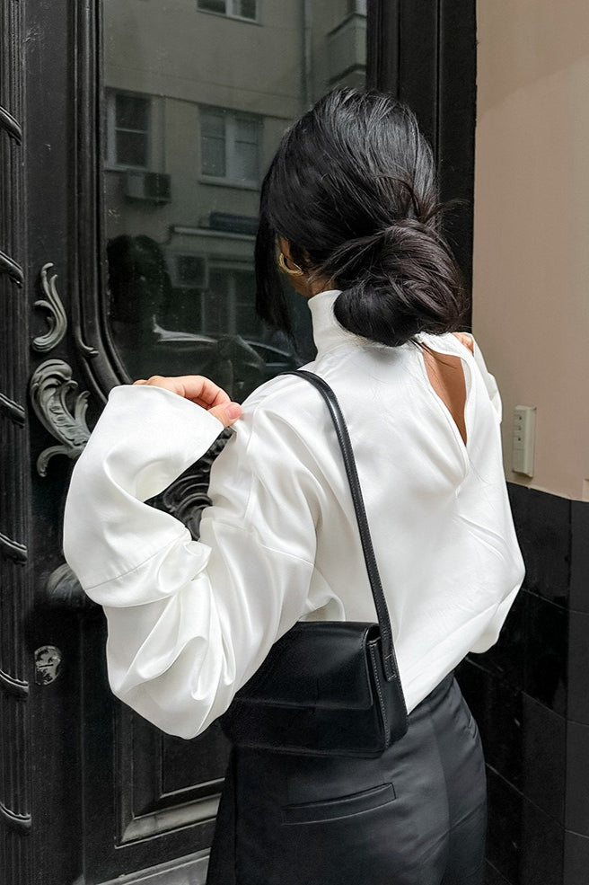 Matte Satin Turtleneck Long Sleeve Blouse