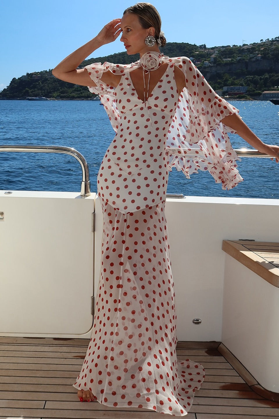 Polka Dot V-Neck Ruffle Cape Sheer Chiffon Maxi Dress