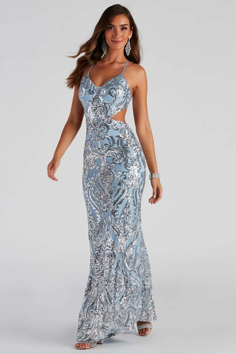Sequin V-Neck Spaghetti Strap Cut Out Lace Up Mermaid Gown