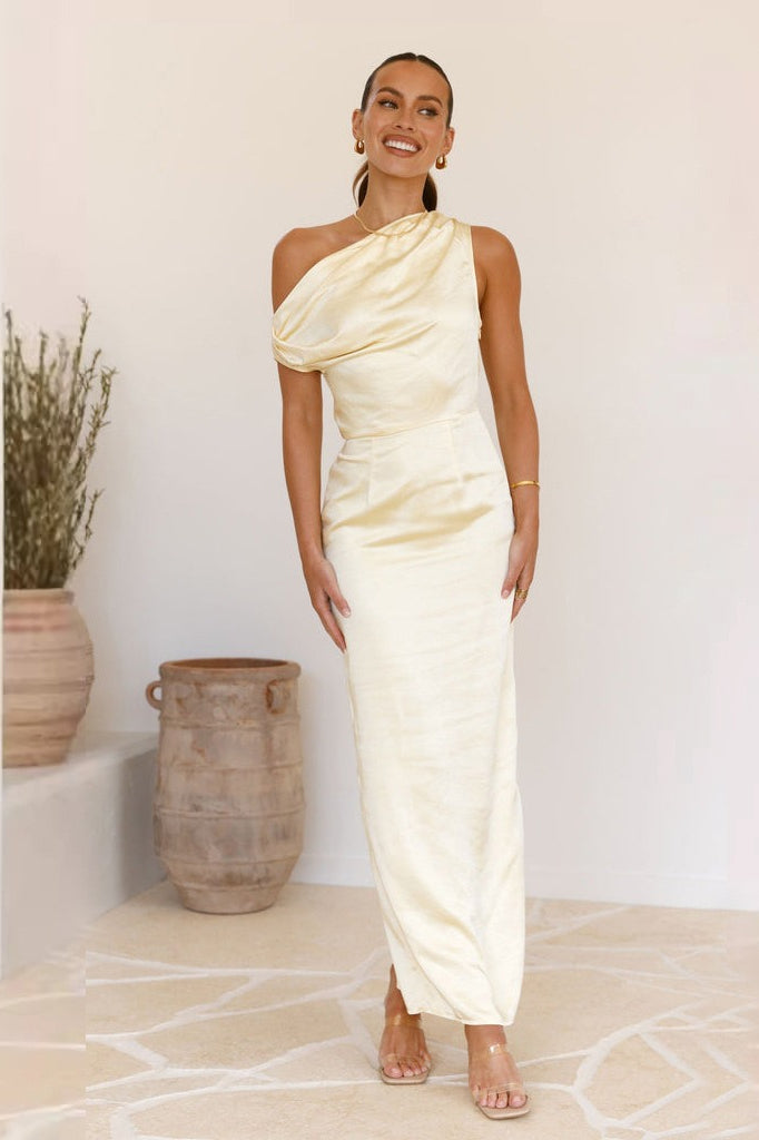 Satin One Shoulder Draped Column Maxi Dress