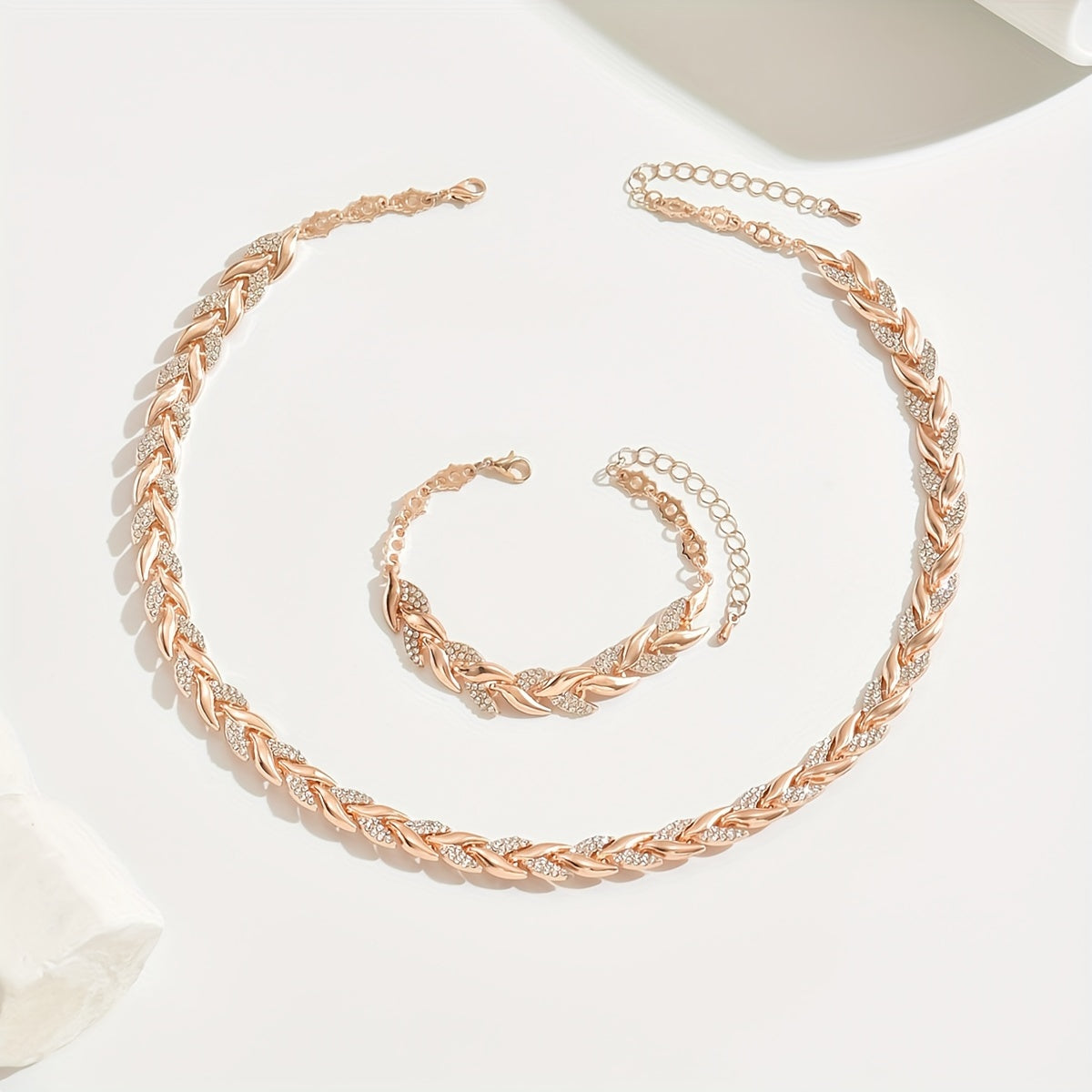 Rhinestone Leaf Link Necklace and Bracelet Set