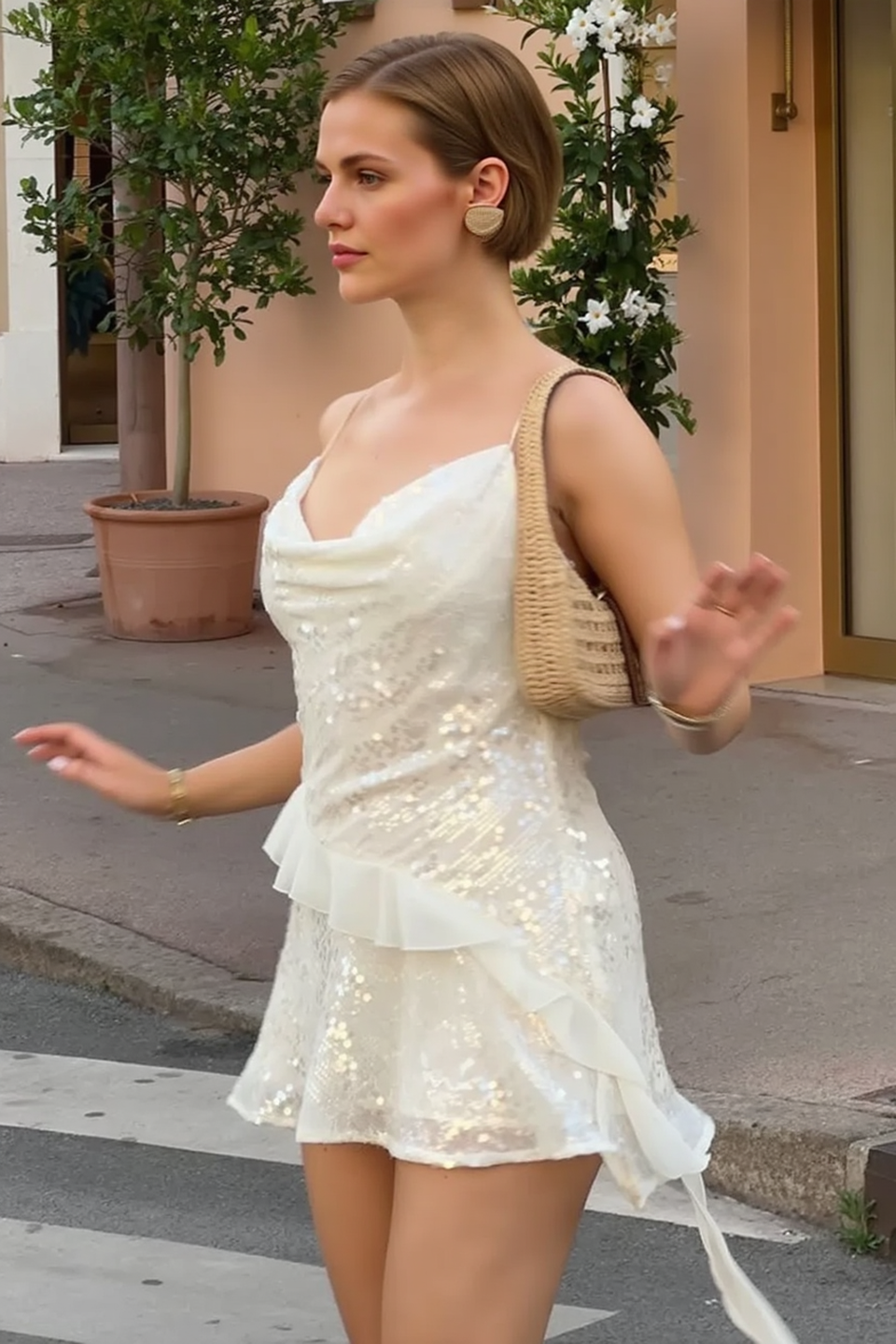 Sequin Cowl Neck Asymmetrical Ruched Slip Dress