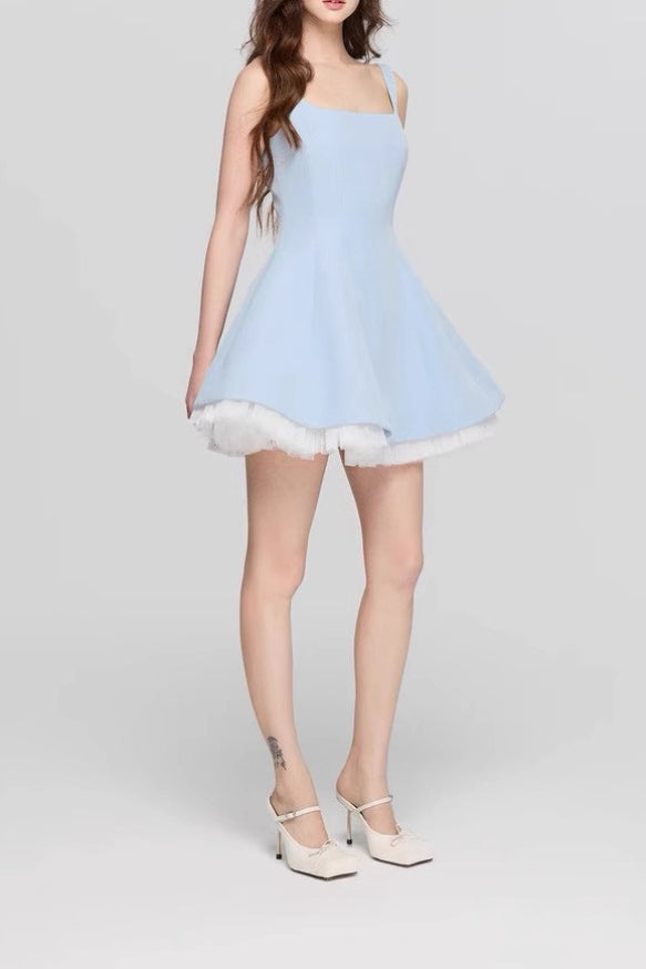 Square Neck Mesh Panel Mini Dress - View 8