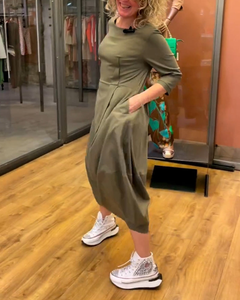 Boat Neck Three Quarter Sleeve Pleated Cocoon Midi Dress