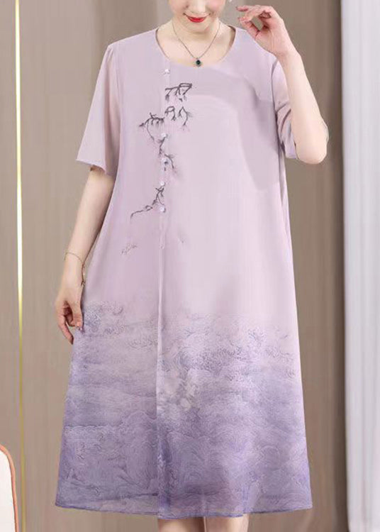Floral Embroidery Asymmetrical Toggle Button Short Sleeve Ombre Wave Hem Midi Dress