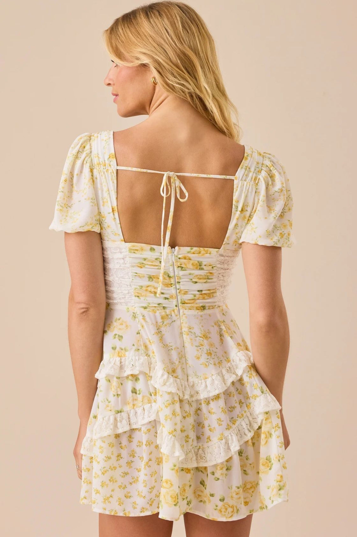 Floral Sweetheart Puff Sleeve Tiered Lace Trim Mini Dress