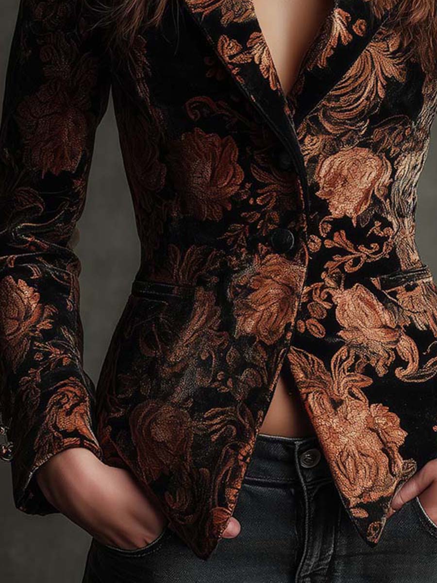 Floral Brocade Velvet Single Button Blazer