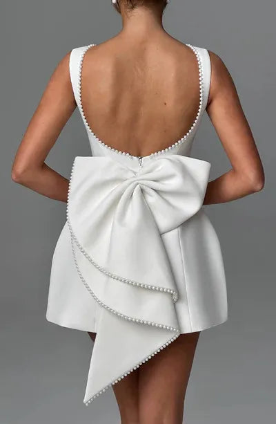 Pearl Trimmed Bow Back Mini Dress Chic Elegance