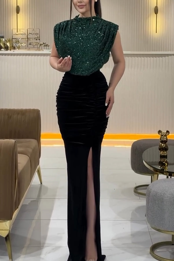 Fall Into You Sequin Velvet Patchwork Ruched Slit Stretch Maxi Dress - View 6