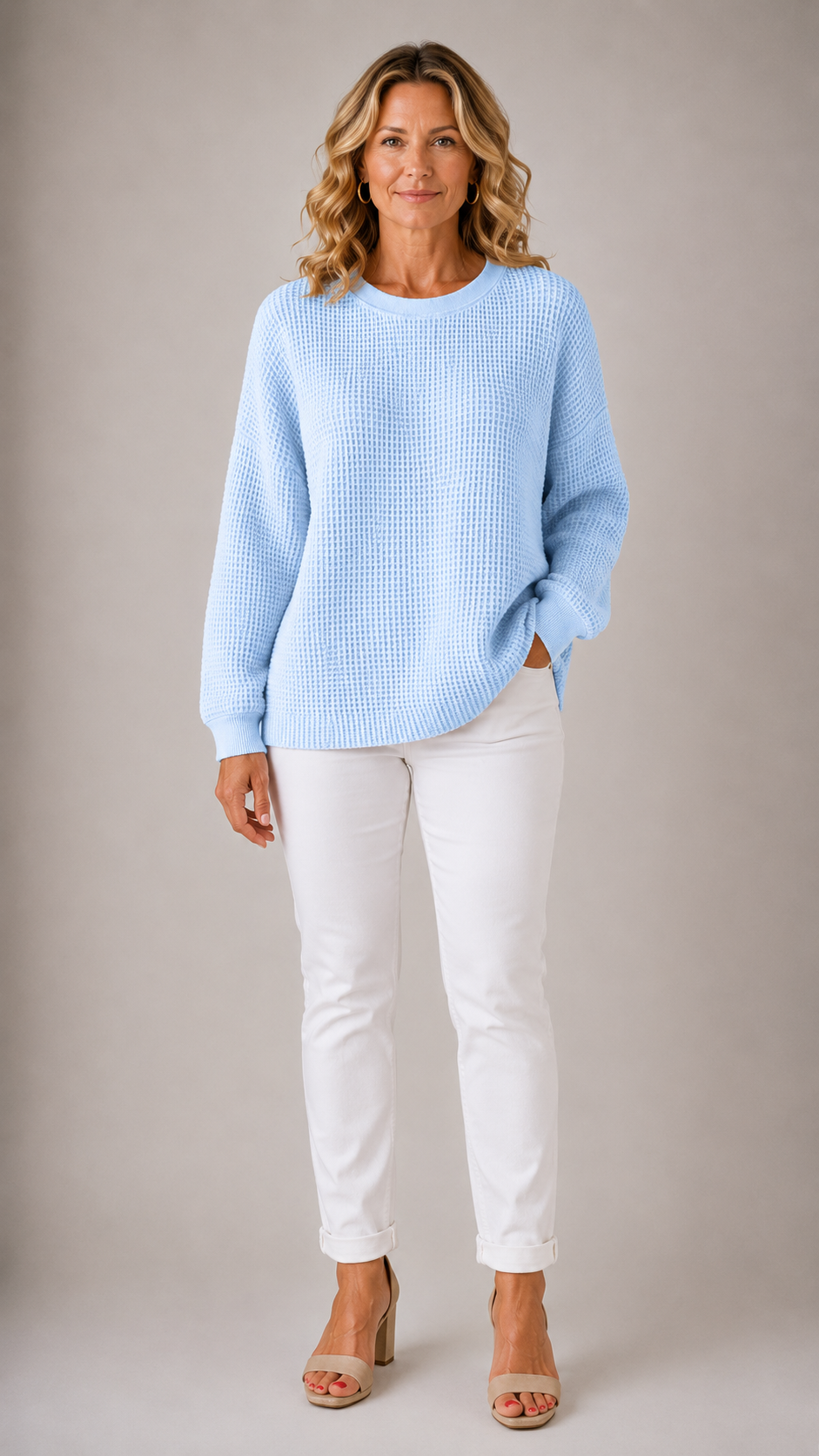 Crew Neck Long Sleeve Waffle Knit Sweater