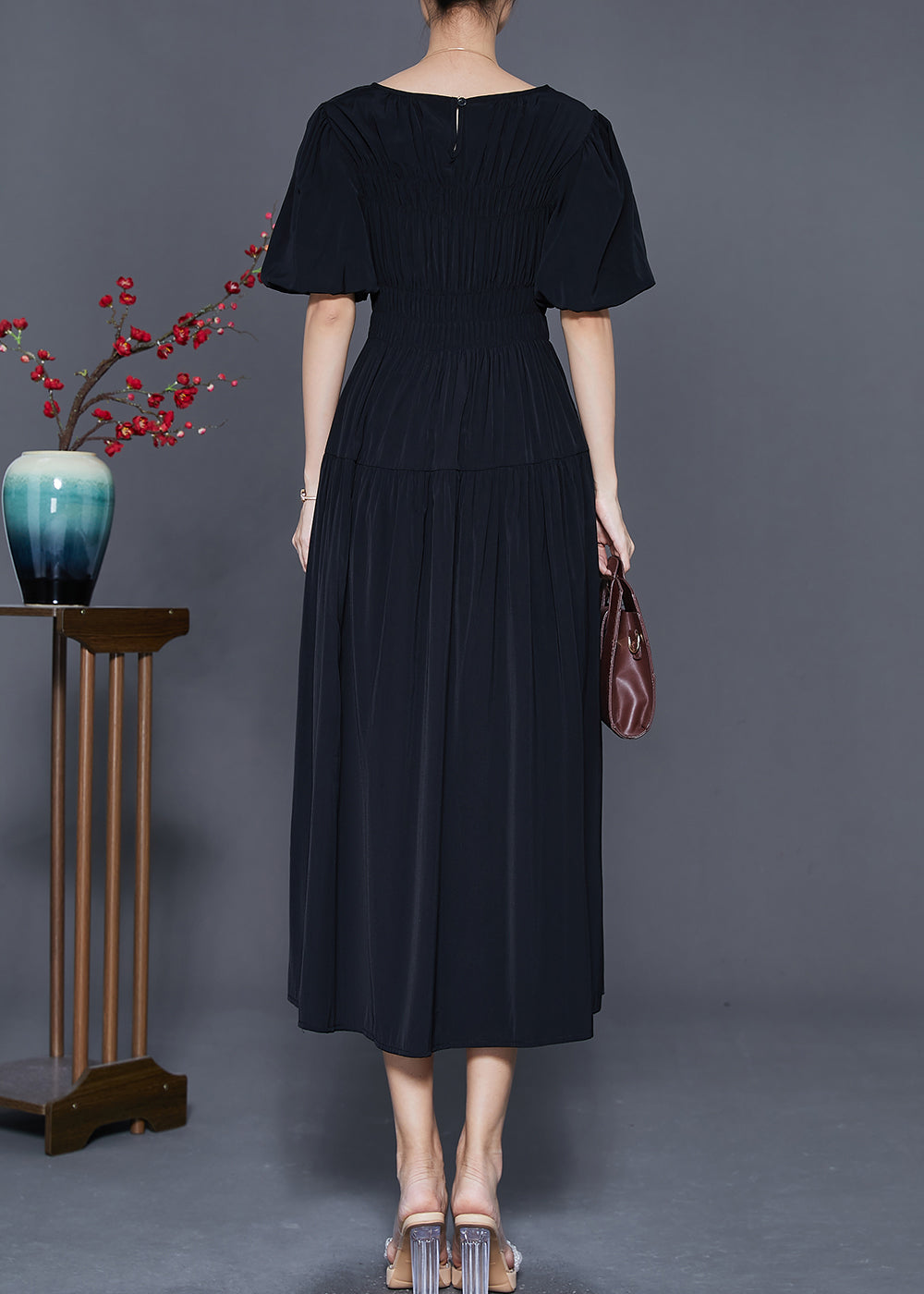 Smocked Bodice Scoop Neck Puff Sleeve Tiered A-Line Maxi Dress