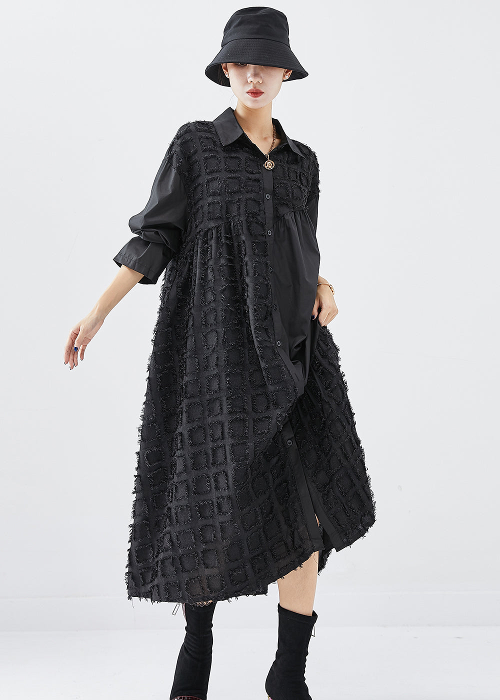 Oversized Button Front Collar Textured Grid Patchwork Midi Shirt Dress