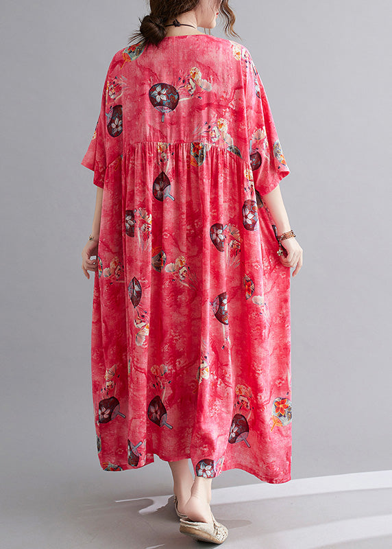 Floral Fan Print Round Neck Empire Waist Short Sleeve Oversized Maxi Dress