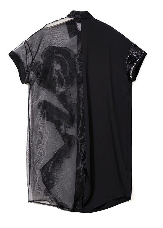 Bird Embroidery Mesh Ruffle Asymmetric Button Front Shirt Midi Dress