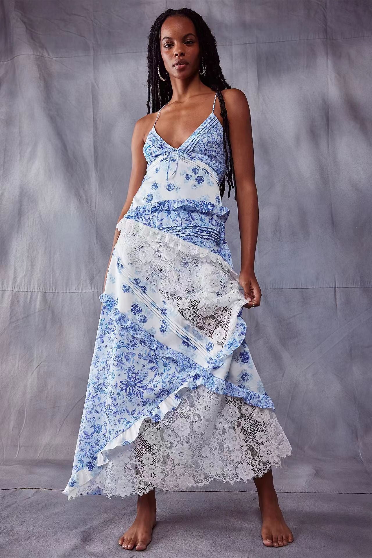 Floral Lace Deep V-Neck Spaghetti Strap Maxi Dress 4