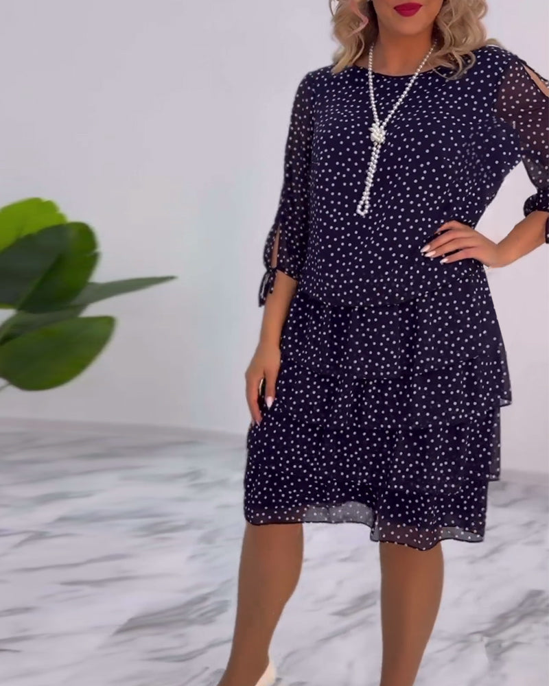 Polka Dot Chiffon Three Quarter Sleeve Tie Cuff Tiered Midi Dress