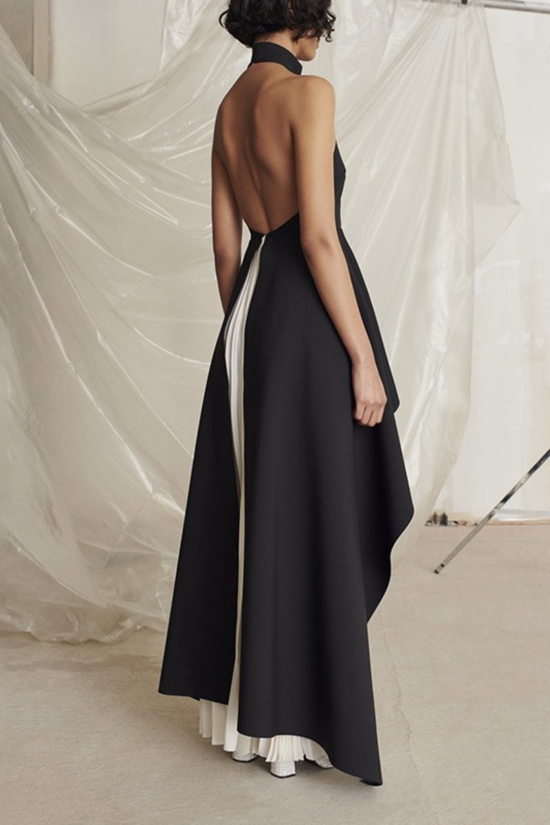 Halter Neck Sleeveless Asymmetric Draped Pleated Maxi Gown
