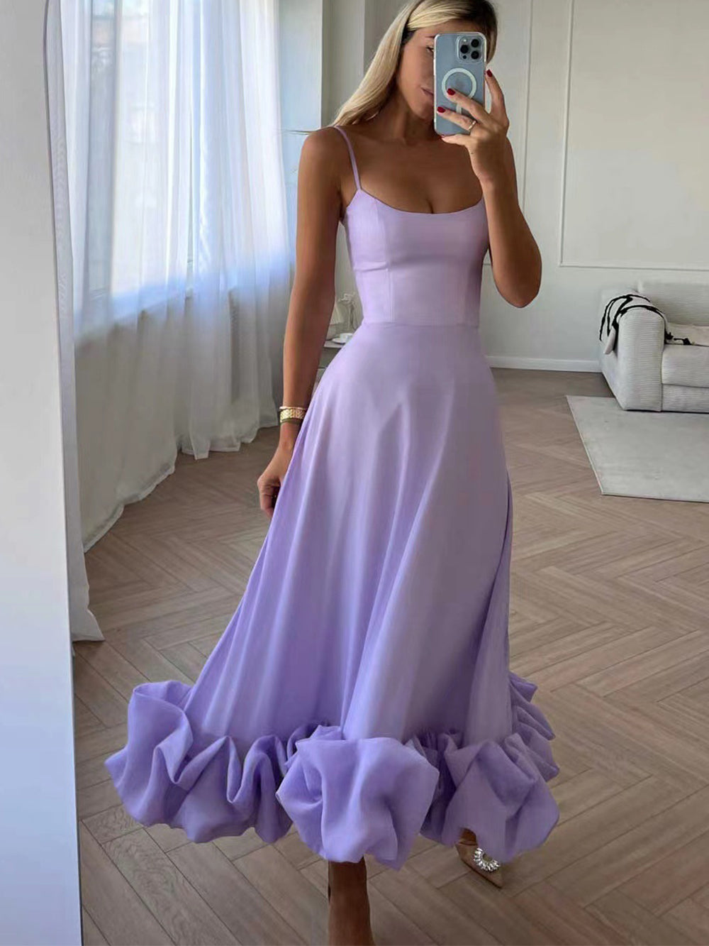 Spaghetti Strap Square Neck Ruffle Hem A-Line Midi Dress