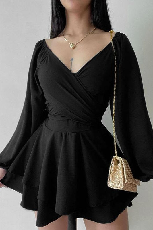 Deep V-Neck Wrap Ruched Balloon Sleeve Tiered Flared Mini Cocktail Dress
