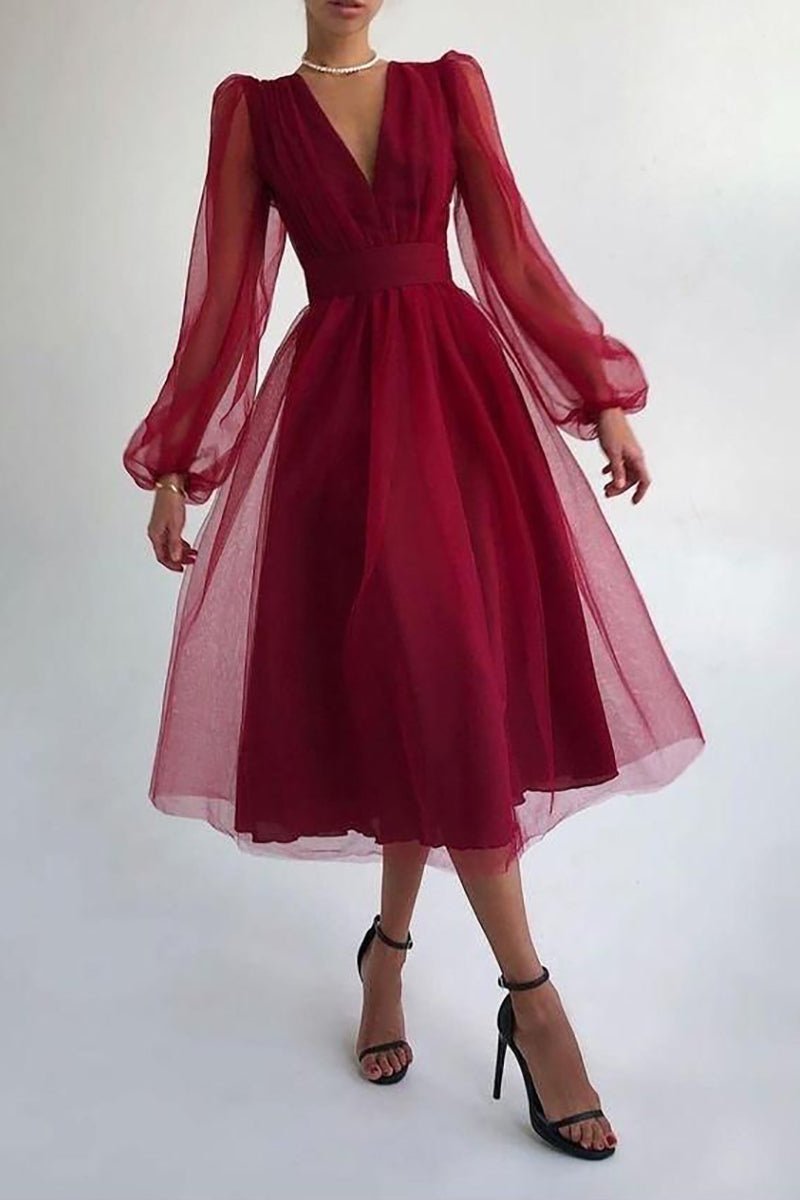 Tulle Deep V-Neck Split Lantern Sleeve Pleated Waistband A-Line Midi Dress