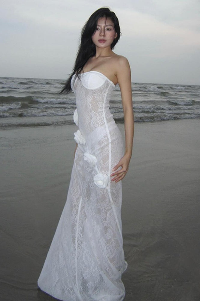 Sheer Lace Strapless Floral Applique Train Lace Dress