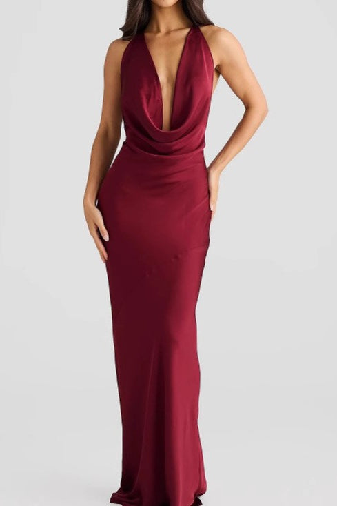 Satin Cowl Neck Halter Plunge Backless Mermaid Maxi Gown