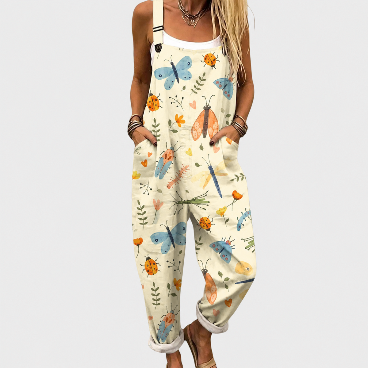 Butterfly Print Bib Pocket Overall Jumpsuit