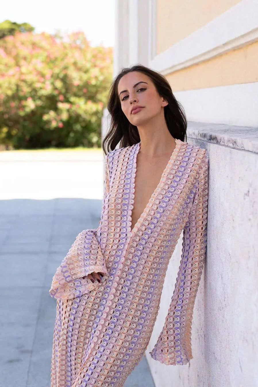 Knit Deep V-Neck Bell Sleeve High Split Maxi Dress