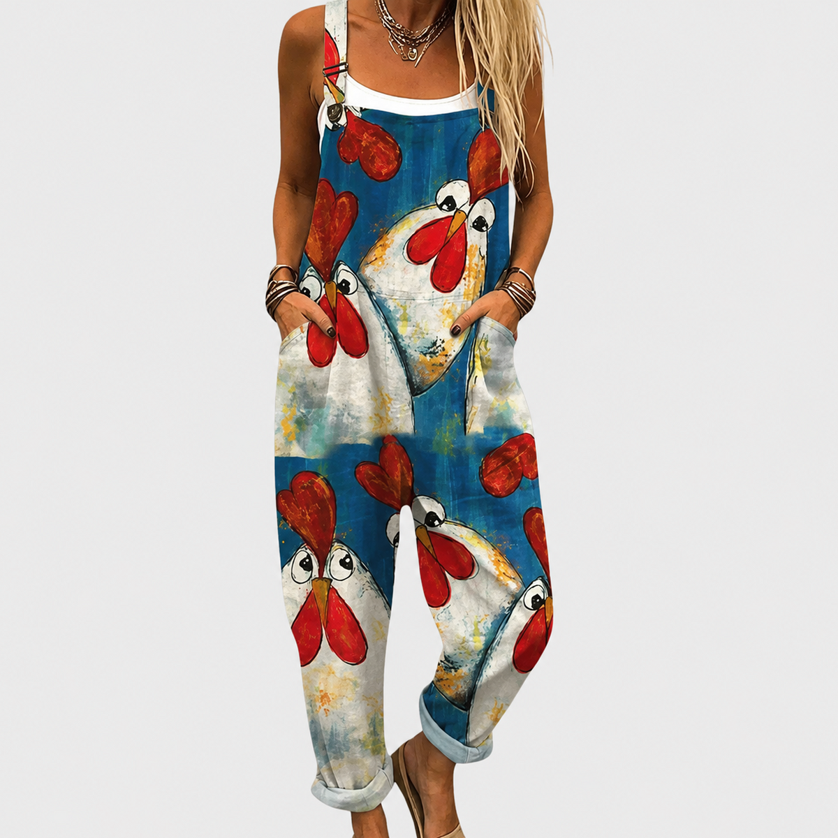 Rooster Print Adjustable Strap Pocket Overall Jumpsuit