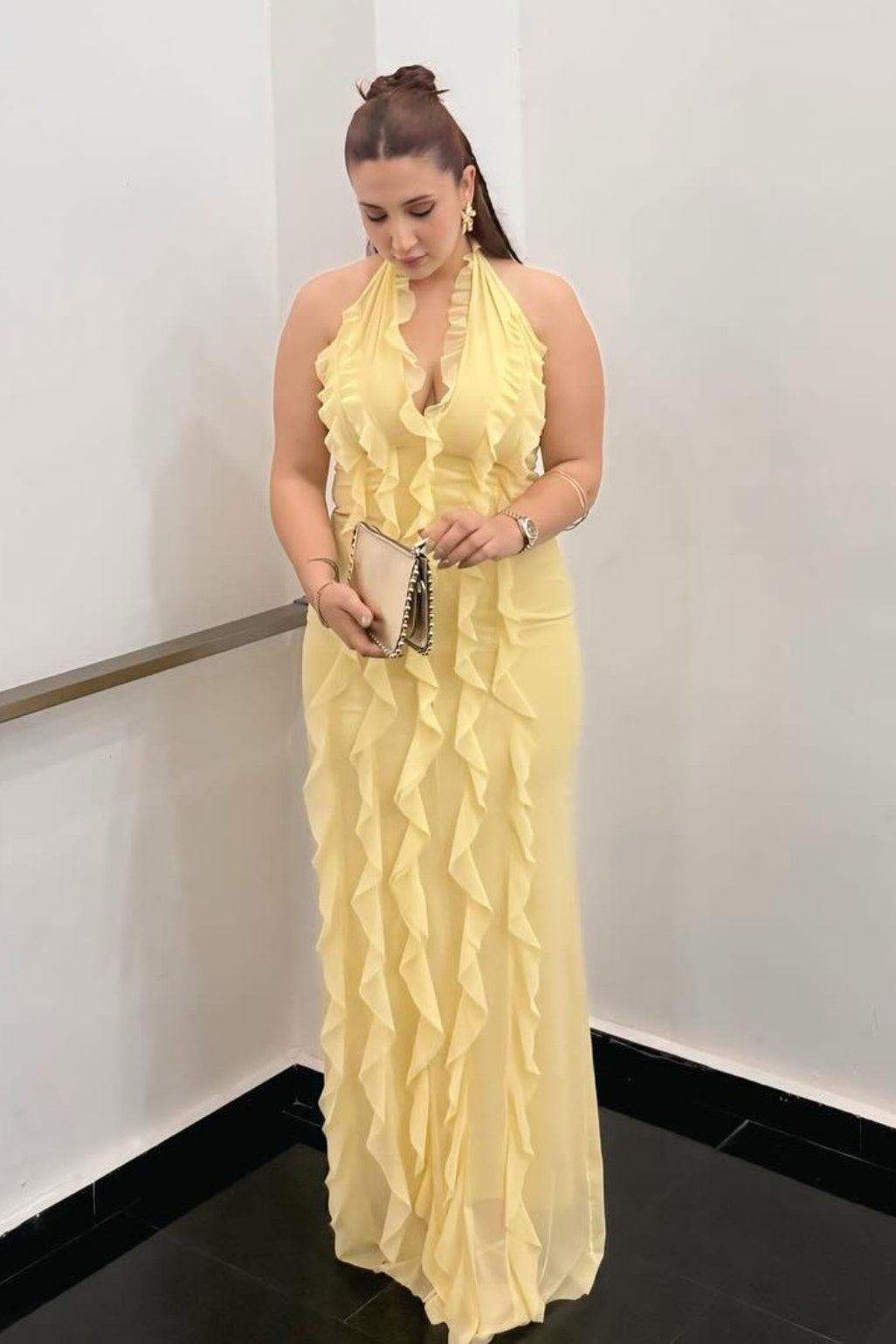 Chiffon Halter Deep V-Neck Ruffle Trim Backless Slip Maxi Dress