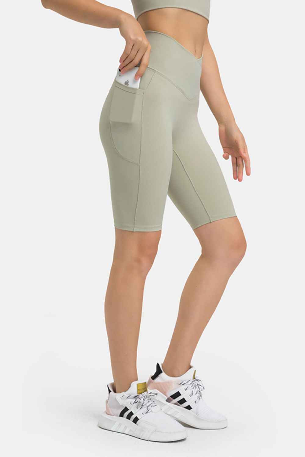 Crossover High Waist Side Pocket Knee Length Biker Shorts 9