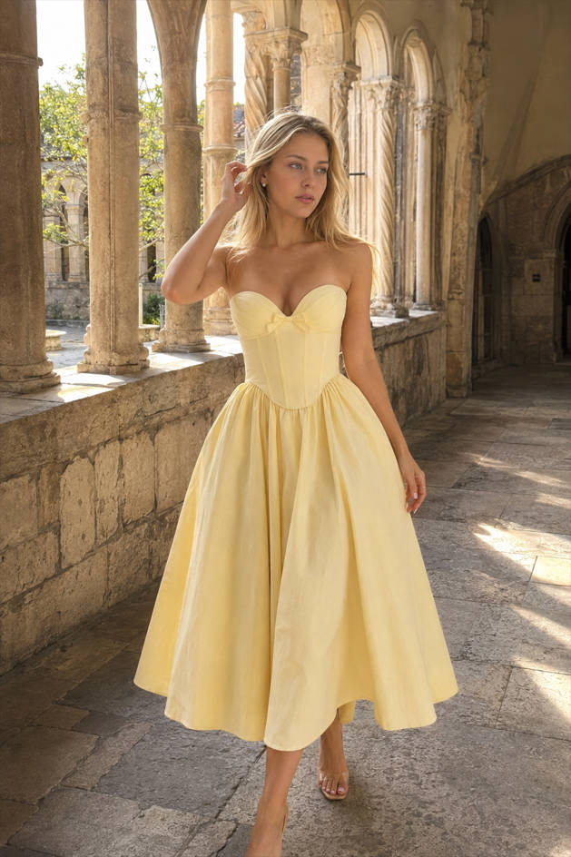 Strapless Sweetheart Bow Front Corset Fit and Flare Midi Prom Dress