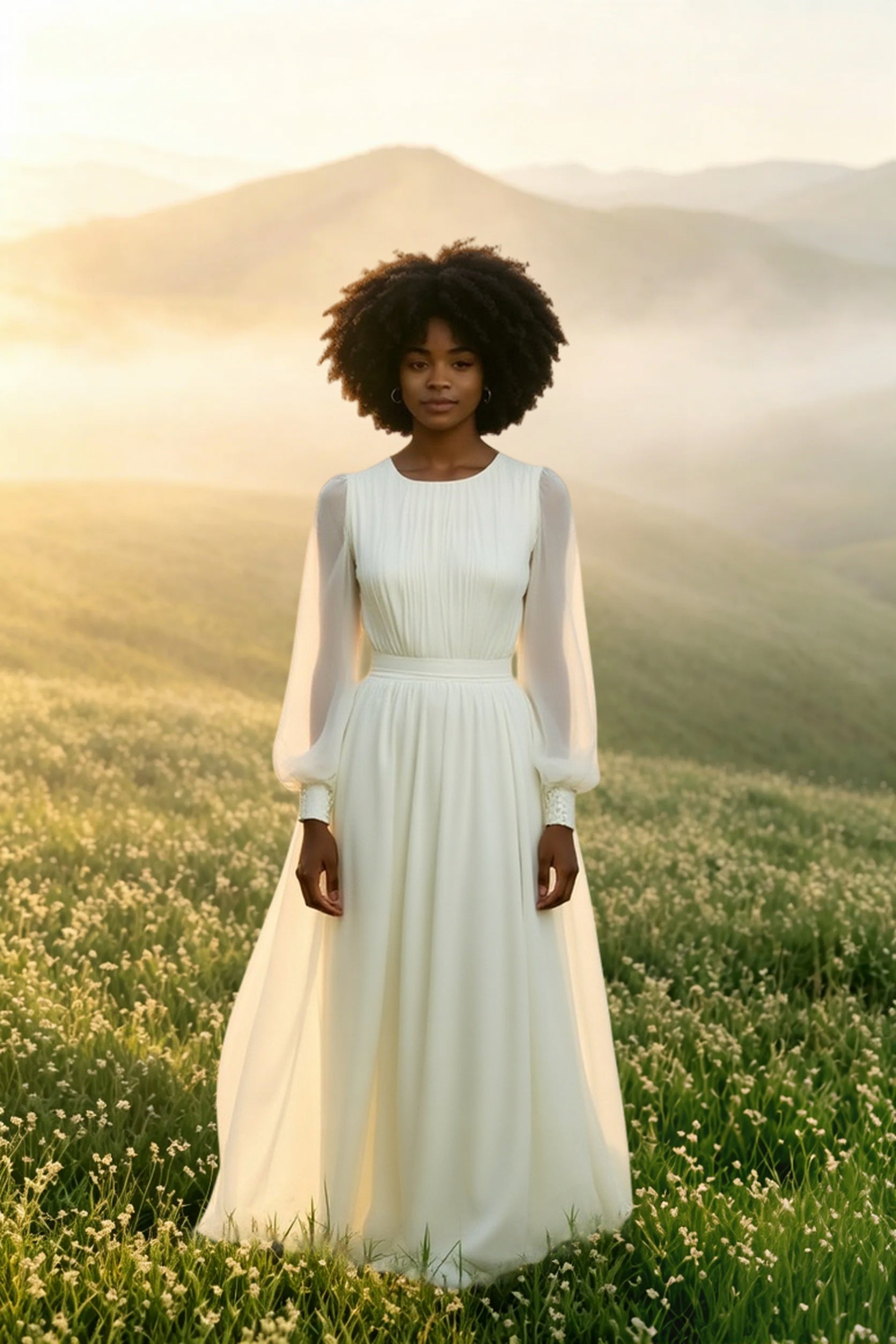 Chiffon Round Neck Bishop Sleeve Pleated Flowy Maxi Prom Dress