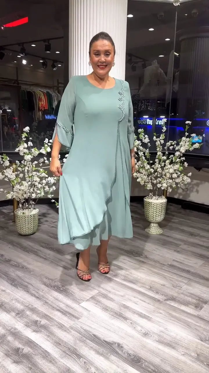 Chiffon Floral Applique Bell Sleeve Asymmetrical Tiered A-Line Midi Dress