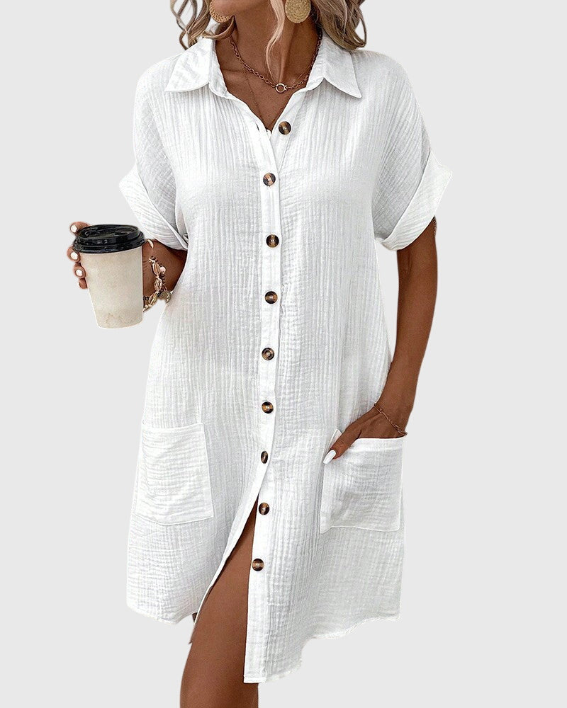Button Front Short Sleeve Collared Pocket Shirt Dress