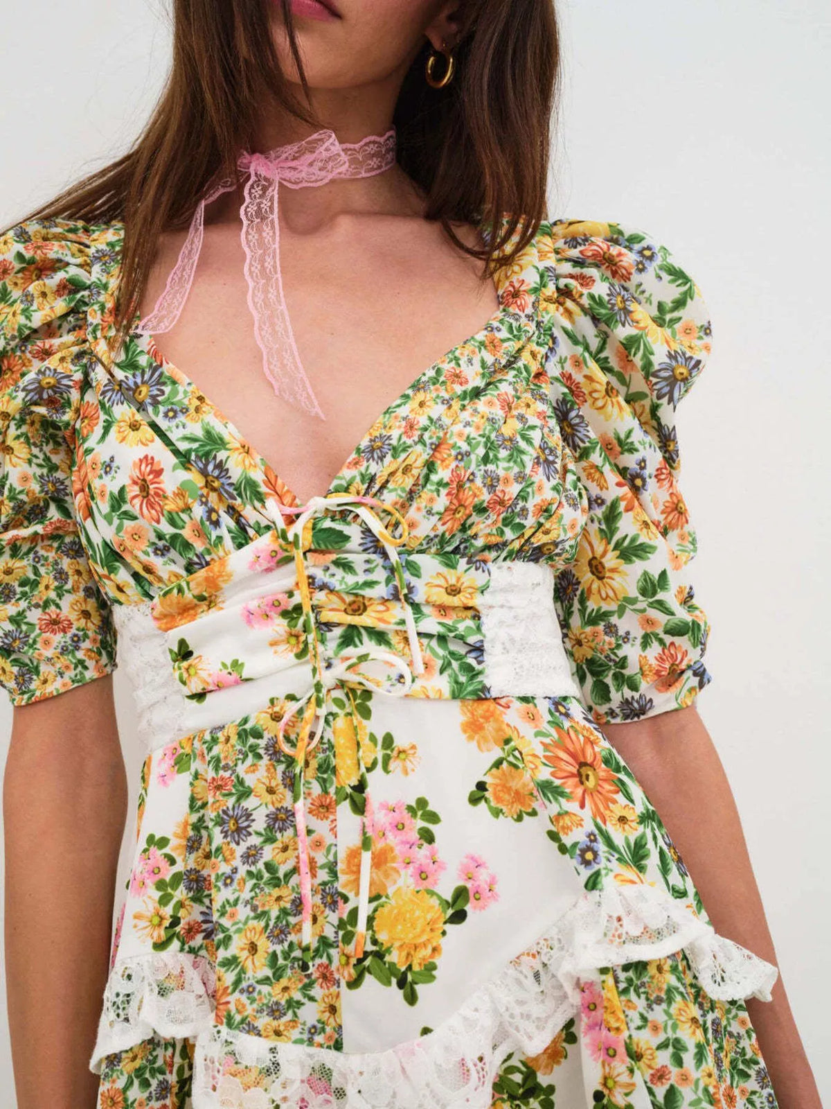 Floral Print Lace Trim Corset Waist Puff Sleeve Tiered Mini Dress 5