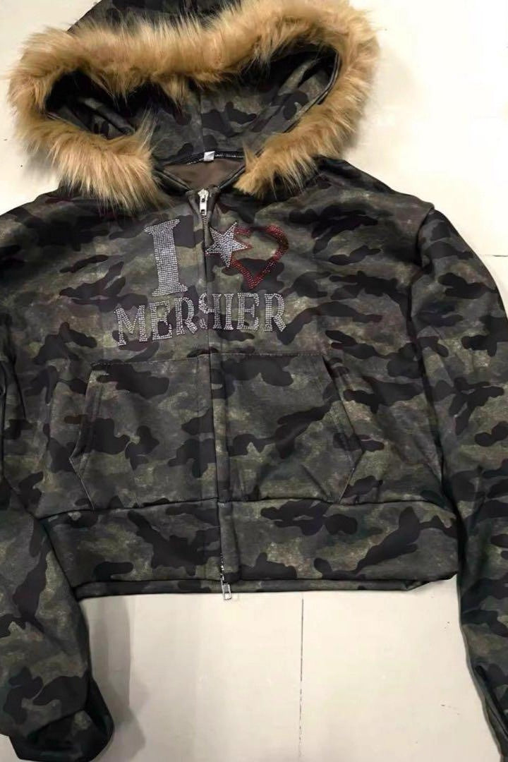 Camo Faux Fur Zip Short Hoodie