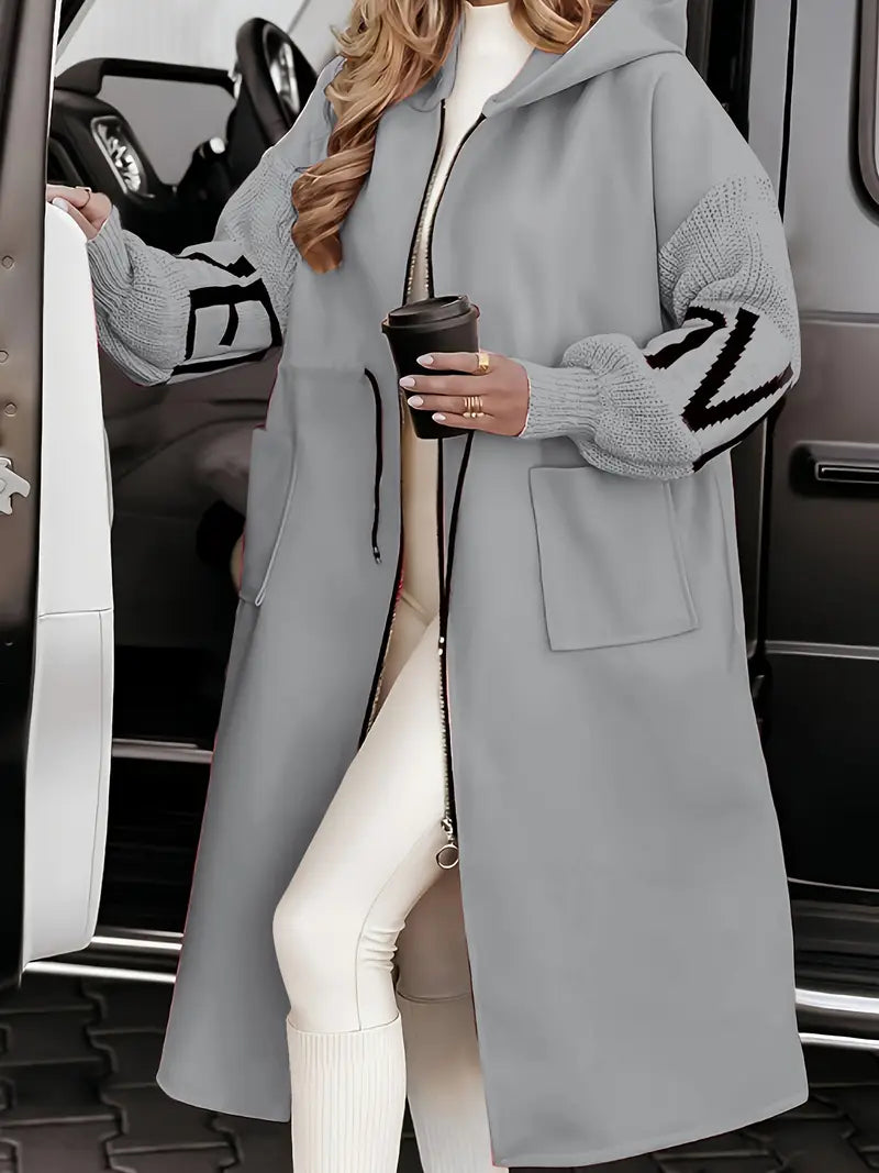 Hooded Zip Front Contrast Knit Sleeve Longline Coat