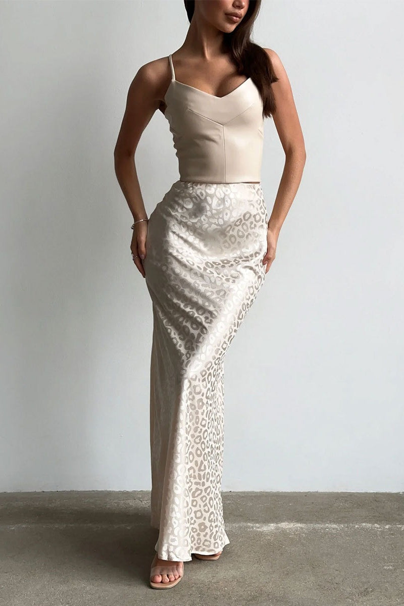 Leopard Jacquard Satin High Waist Bodycon Maxi Skirt 2