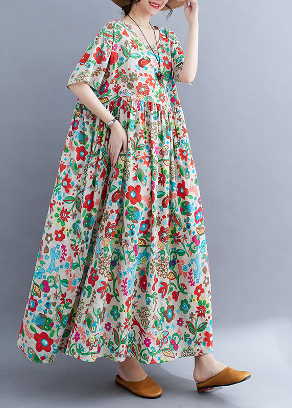 Floral Graphic Print Round Neck Short Sleeve Empire Waist Babydoll Maxi Dress