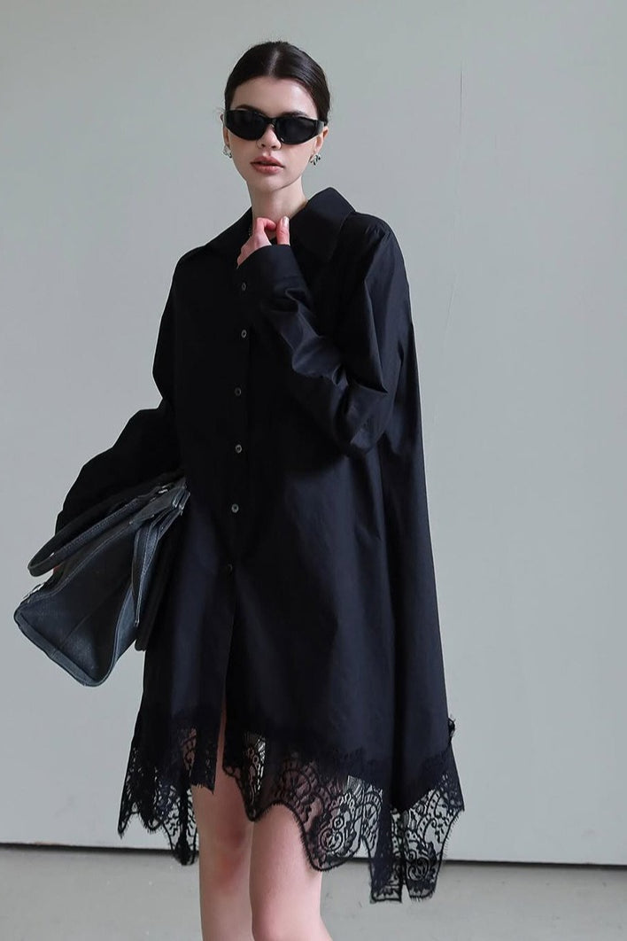 Soft Ruffled Lace Asymmetric Shirtdress Long Sleeve Mini Dress - View 5