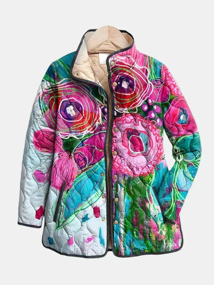 Floral Print Quilted Stand Collar Jacket