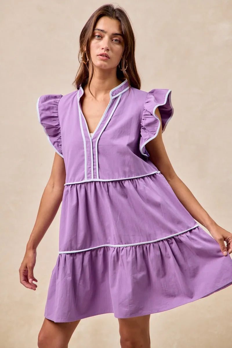 BiBi Gameday Theme Contrast Binding Ruffled Dress PURPLE